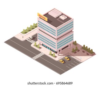 Office building with ventilation equipment on roof road infrastructure and parking for taxi isometric mockup vector illustration