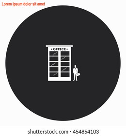Office building web icon. Gray circle button with white illustration.
