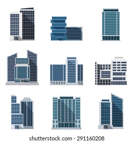 Office buildings and business centers flat icons set isolated vector illustration