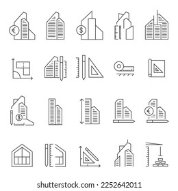 Edificios de oficina y trabajos de construcción conjunto de iconos de línea editable