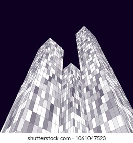 Office buildings with glowing windows at night. Abstract vector modern background. 