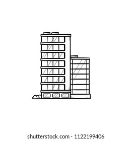 Office buildings hand drawn outline doodle icon. City downtown, business center, real estate and rent concept. Vector sketch illustration for print, web, mobile and infographics on white background.