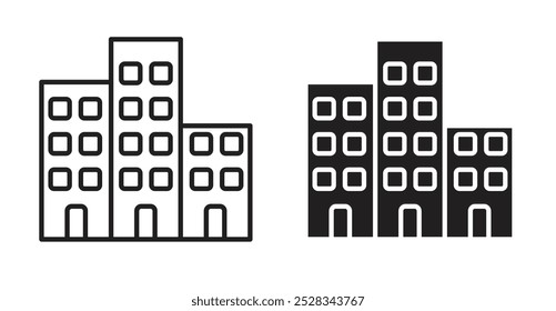 Office buildings icons. Vector set in filled and line style.