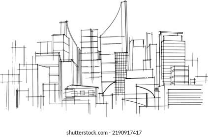 Office Buildings Large Cityline Drawing2d Illustration Stock Vector ...