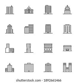 Office buildings line icons set, architectural building outline vector symbol collection, linear style pictogram pack. Signs, logo illustration. Set includes icons as skyscraper, business office