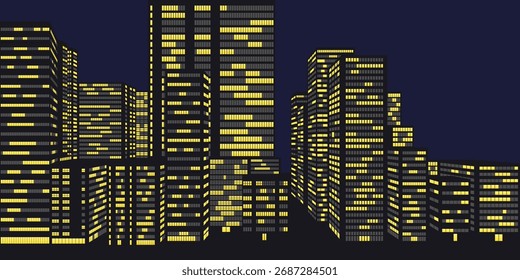 Edificios de oficinas en la ciudad nocturna. Ilustración vectorial.