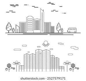 Office buildings, river and park, hand drawn doodle. Vector illustration.