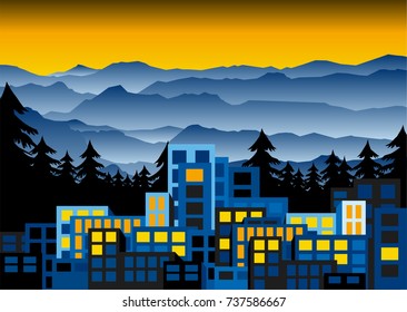 Office buildings at sunset in front of a pine forest and a foggy mountain scene with copy space, landscape format, scalable graphics
