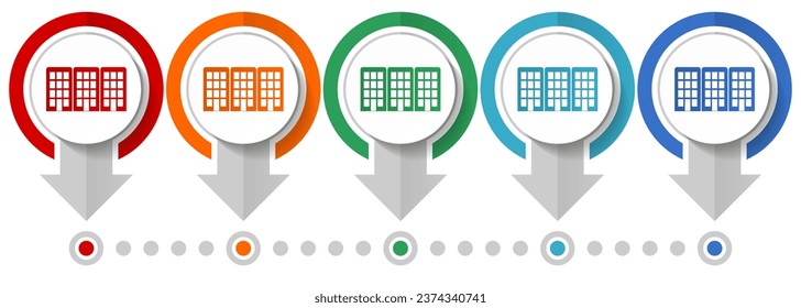 Office buildings vector icon set, flat design infographic template, set pointer concept icons in 5 color options for webdesign and mobile applications