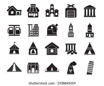 Office buildings vector icons set, architectural building modern solid symbol collection, Set includes icons as skyscraper, filled style pictogram pack. Signs, logo illustration.