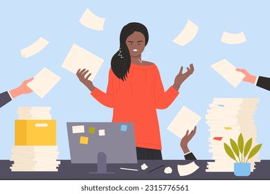 Office bureaucracy and employee stress vector illustration. Cartoon angry woman in anger from lot of paper documents in hands of colleagues, person standing at table with scattered sheets and laptop