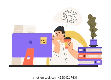 Office Bureaucracy with Frustrated Man Character at Desk with Loads of Paperwork Vector Illustration