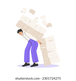Office Bureaucracy with Man Character Carrying Loads of Paperwork on His Back Vector Illustration