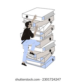 Office Bureaucracy with Man Character Climbing Stack of Folders Vector Illustration