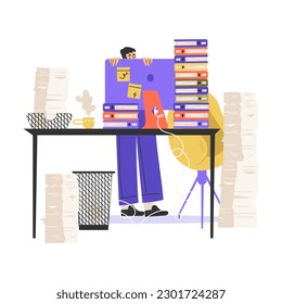 Office Bureaucracy with Man Character Hiding Behind Computer Afraid of Loads of Paperwork Vector Illustration