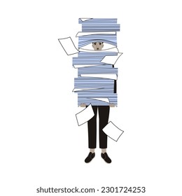 Office Bureaucracy with Man Character with Loads of Paperwork Vector Illustration