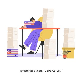 Office Bureaucracy with Man Character Sitting at Desk with Loads of Paperwork Vector Illustration