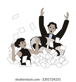 Office Bureaucracy with Man and Woman Character Drowning in Loads of Paperwork Vector Illustration