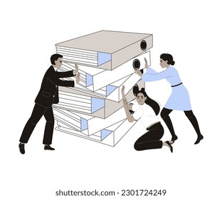 Office Bureaucracy with Man and Woman Character Pushing Folders Vector Illustration