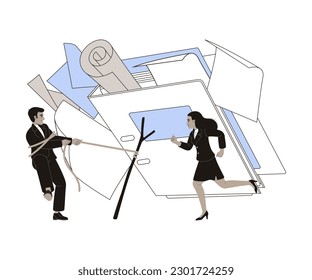 Office Bureaucracy with Man and Woman Character Cope with Loads of Paperwork Vector Illustration