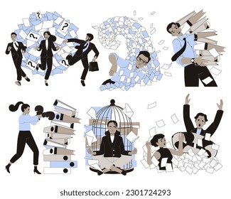 Office Bureaucracy with People Characters Having Loads of Paperwork Vector Set