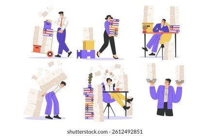 Office Bureaucracy with People Characters Having Loads of Paperwork Vector Set