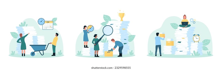 Office bureaucracy set vector illustration. Cartoon tiny people holding magnifying glass to research lot of information and wheelbarrow full of paper documents, sorting unorganized stacks and heap