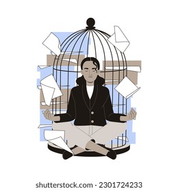 Office Bureaucracy with Woman Character at Cage Meditating with Paperwork Around Vector Illustration