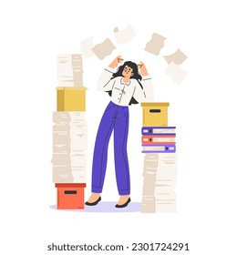 Office Bureaucracy with Woman Character with Loads of Paperwork Vector Illustration