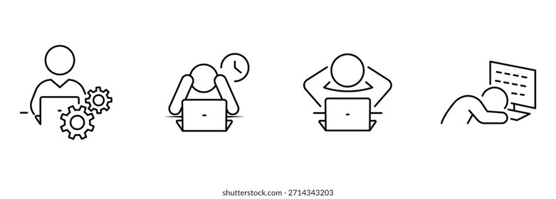 Office burnout icon set, productive programmer gears, stressed coder deadline, relaxed developer stretch, exhausted employee sleeping monitor outline illustration.