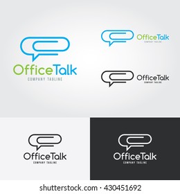 Office business abstract vector logo. Paper clip and chat bubble concept. Job Talk. Office Talk icon.