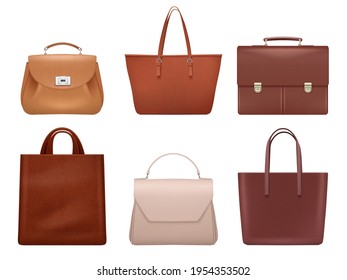 Office business bags. Vintage leather cases for ladies and men brown luxury fashioned bags decent vector realistic pictures