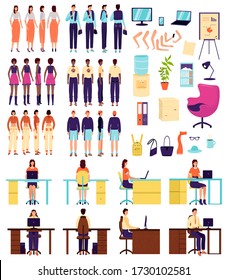 Office and business casual characters constructor, businesswoman and businessman vector illustrations isolated set. Arms, legs suit and shoes, casual trousers, accessories, office chair, chart board.