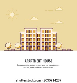 Office. Business. City apartment house. Real estate concept. Yellow flat illustration. Line style. Flat vector illustration. City landscape. Ecology. eps10.