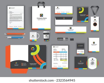 office business colorful stationary set in black white color vector design with letterhead envelop folder id card notepad dvd cover usb paper clip pen pencil cups business card shopper invoice brading