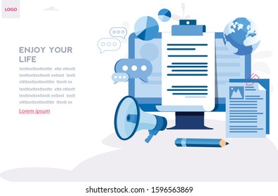 Office business concept, copywriting, blogging, digital marketing and advertising business concept. Vector illustration for web banner, infographics, mobil