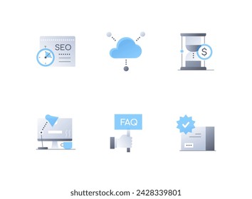 Office and business - flat design style icons set. High quality colorful images of SEO, cloud storage, time is money, coffee break at work, answers to questions or FAQ and package delivered