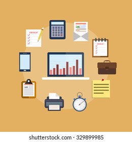 Office and Business in flat icon design with orange background (vector)