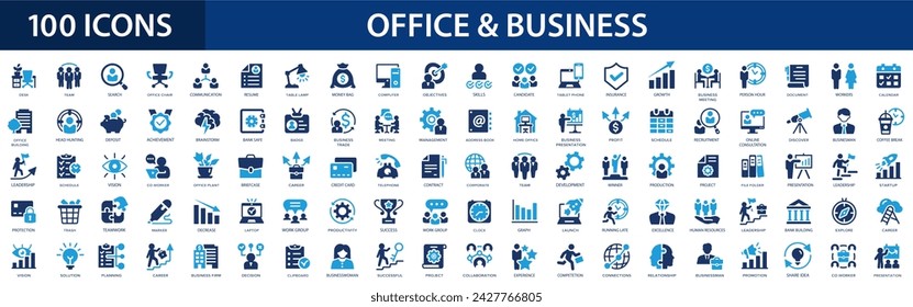 Office and business flat icons set. Workplace, teamwork, desk, partnership, planning, coworking, management icons and more signs. Flat icon collection.