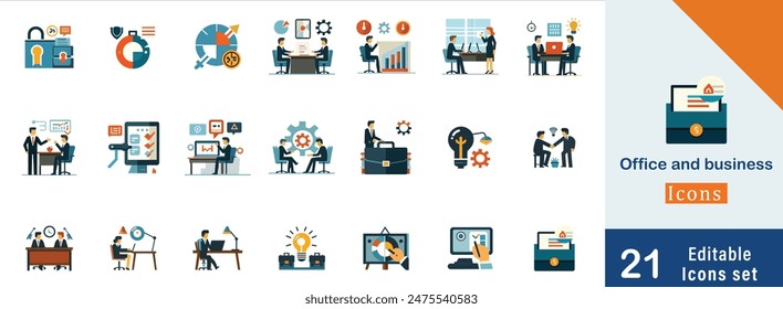 Conjunto de iconos planos de oficina y negocios. Lugar de trabajo, trabajo en equipo, escritorio, asociación, planificación, co-trabajo, iconos de gestión y más señales. Icono plano