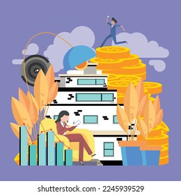 office business flat vector illustration of people working for turnover income, development of income graph, getrich, Purple wallpaper