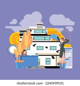 office business flat vector illustration of people working for turnover income, development of income graph, getrich, Purple wallpaper