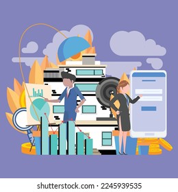 office business flat vector illustration of people working for turnover income, development of income graph, getrich, Purple wallpaper