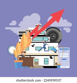 office business flat vector illustration of people working for turnover income, development of income graph, getrich, Purple wallpaper