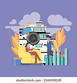 office business flat vector illustration of people working for turnover income, development of income graph, getrich, Purple wallpaper