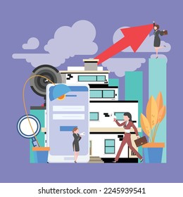 office business flat vector illustration of people working for turnover income, development of income graph, getrich, Purple wallpaper