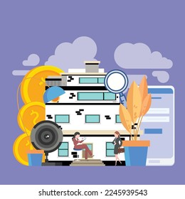 office business flat vector illustration of people working for turnover income, development of income graph, getrich, Purple wallpaper