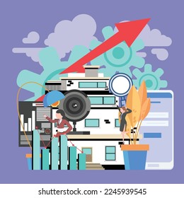office business flat vector illustration of people working for turnover income, development of income graph, getrich, Purple wallpaper