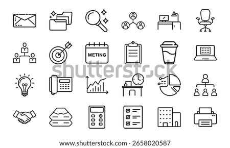 Office and Business Icon Bundle 24 Line Style Work Icons Office Tools, Meeting, Chart, Communication, Desk, Team, Planning Icons 