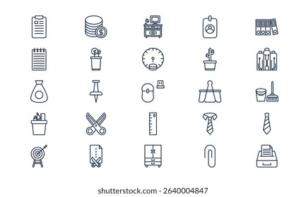 Office business icon representing corporate work environment, teamwork, and productivity in outline style